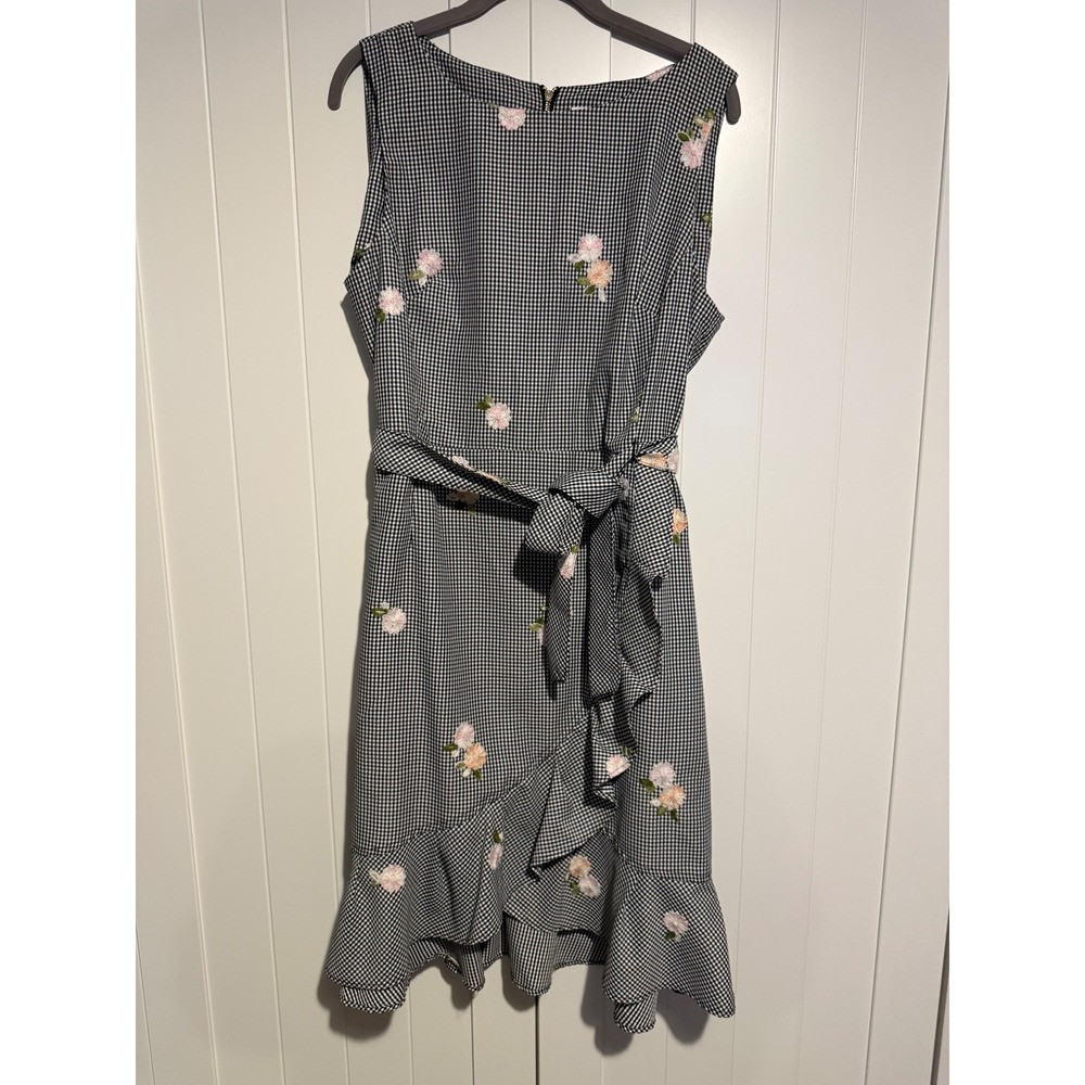 Calvin Klein Women's Black White‎ Gingham Floral Embroidered Wrap Dress Size 14